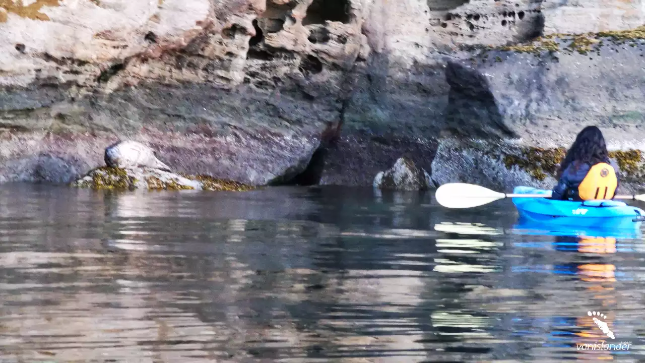 A Woman kayaking through the rocks in the lake - Nanaimo,  Vancouver Island