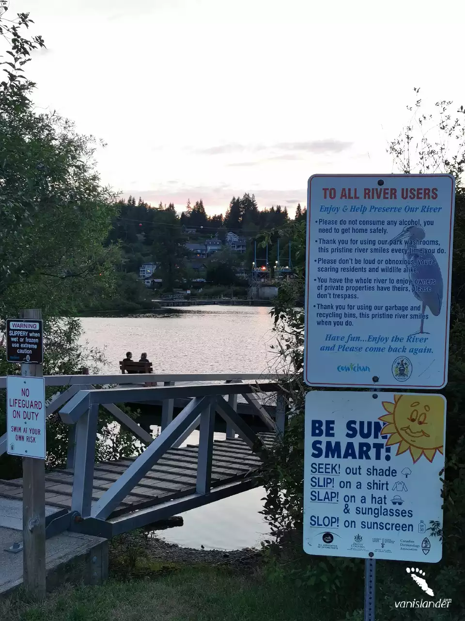 River caution board for users around Cowichan Lake, Vancouver Island
